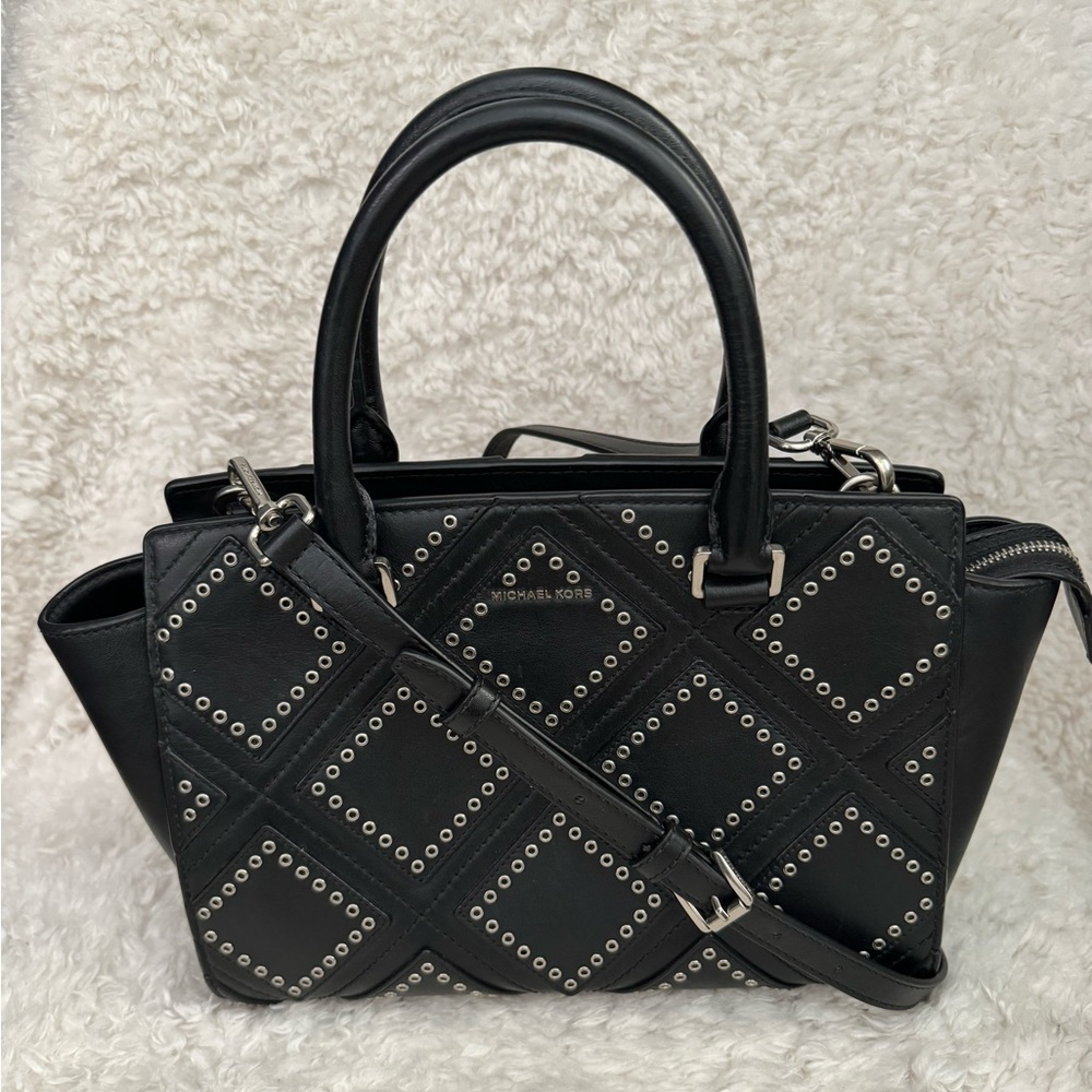Michael Kors Selma Medium Diamond Grommet Leather Satchel - Black